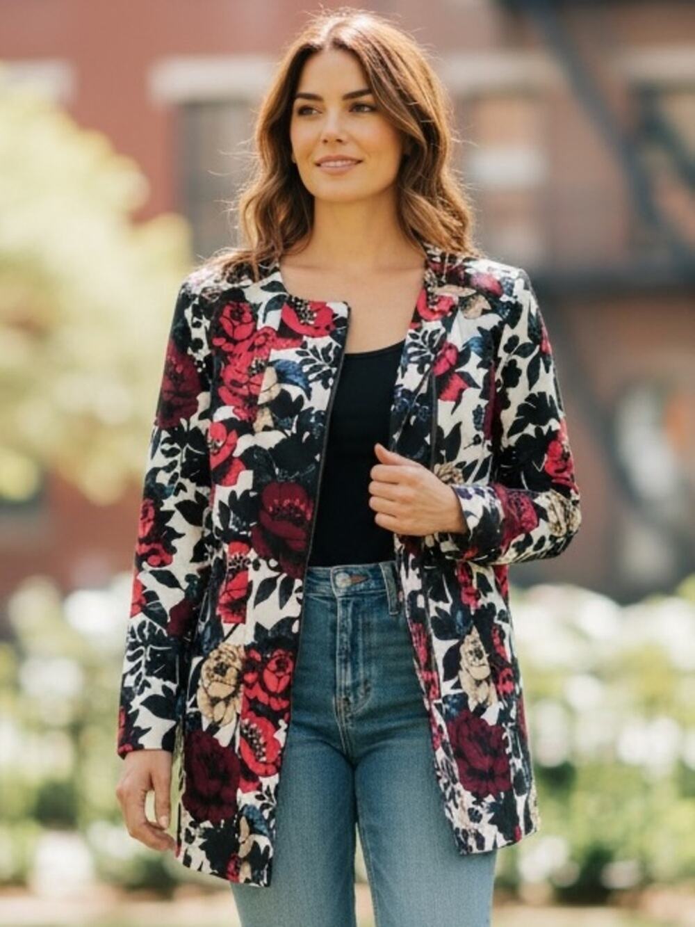 ADRIANNA PAPELL Jacket Coat Size 8 Red Multi Floral Zip Long Sleeve Like New